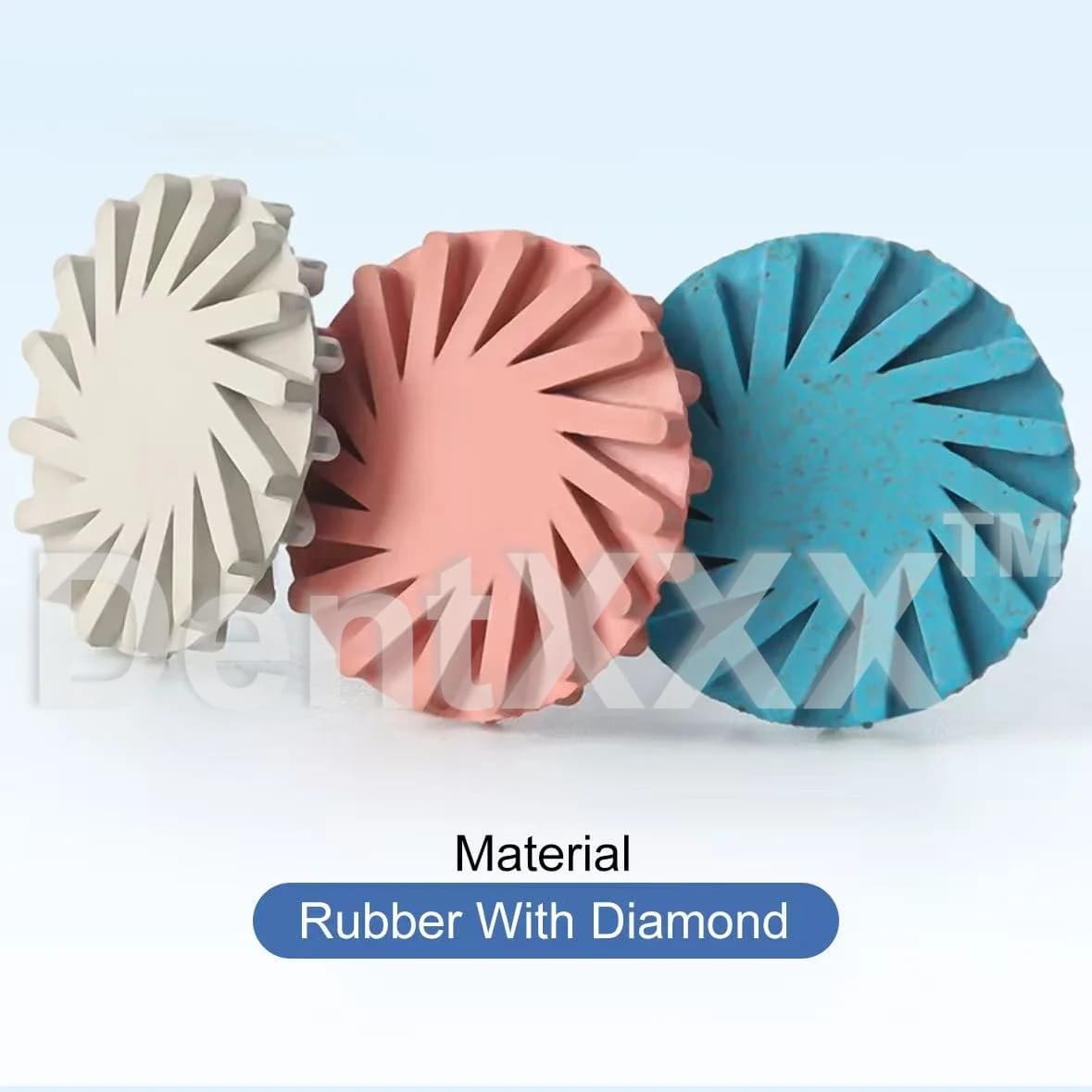 Kit de polimento diamante com discos de borracha azul, vermelho e cinza para acabamento dental