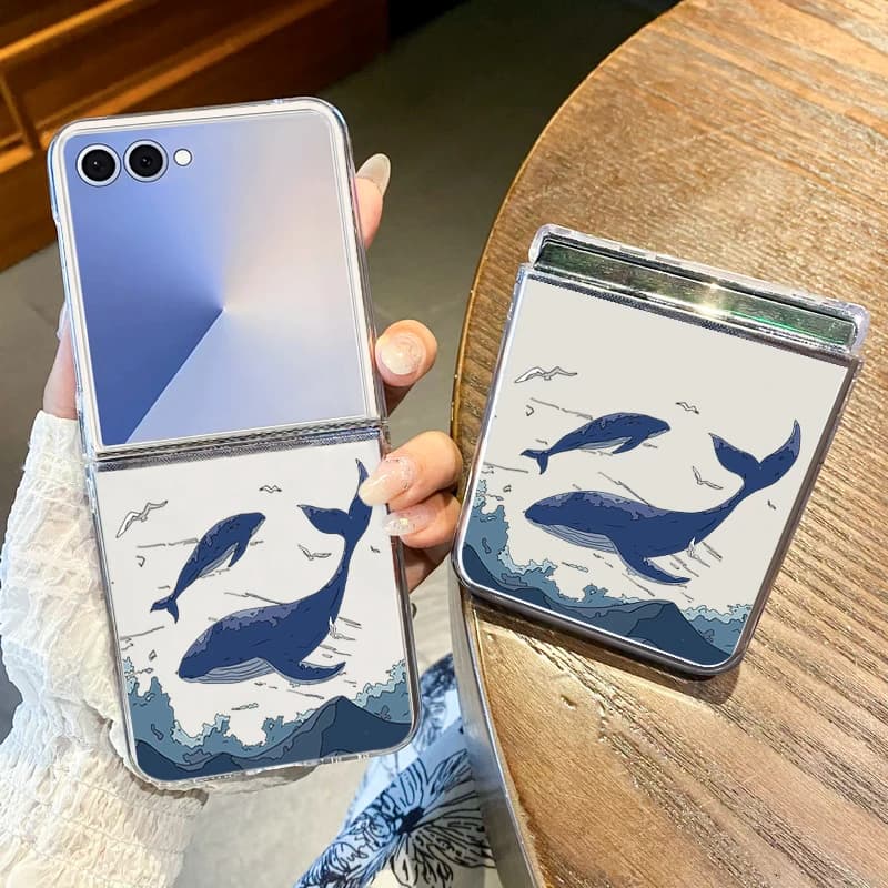 Capa de telefone transparente com estampa de baleias e tartarugas para Samsung Galaxy Z Flip.