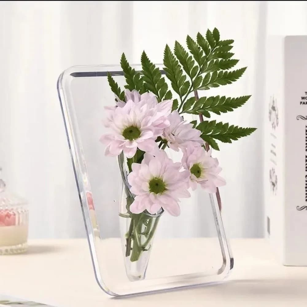 Vaso de acrílico transparente em forma de moldura de foto com flores rosas