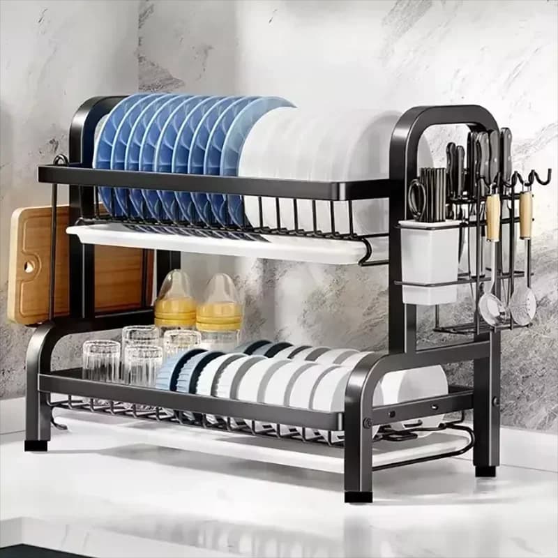Escorredor de Louça Compacto de Aço Inoxidável de 2 Níveis 2025 Novo Organizador de Cozinha Antiferrugem com Suporte para Utensílios