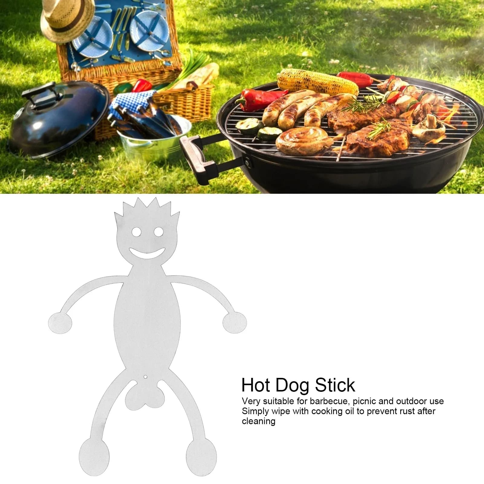 Espeto de churrasco em aço inoxidável prateado para hot dog e espetinhos com churrasqueira ao fundo
