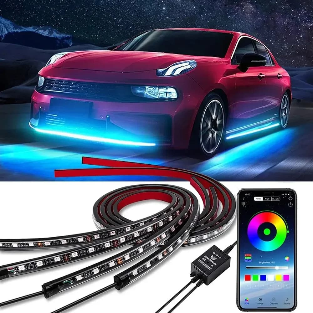 Neon led rgb carro underglow luz inferior remoto/controle app flexível à prova dwaterproof água tira led carro underbody luz lâmpada decorativa