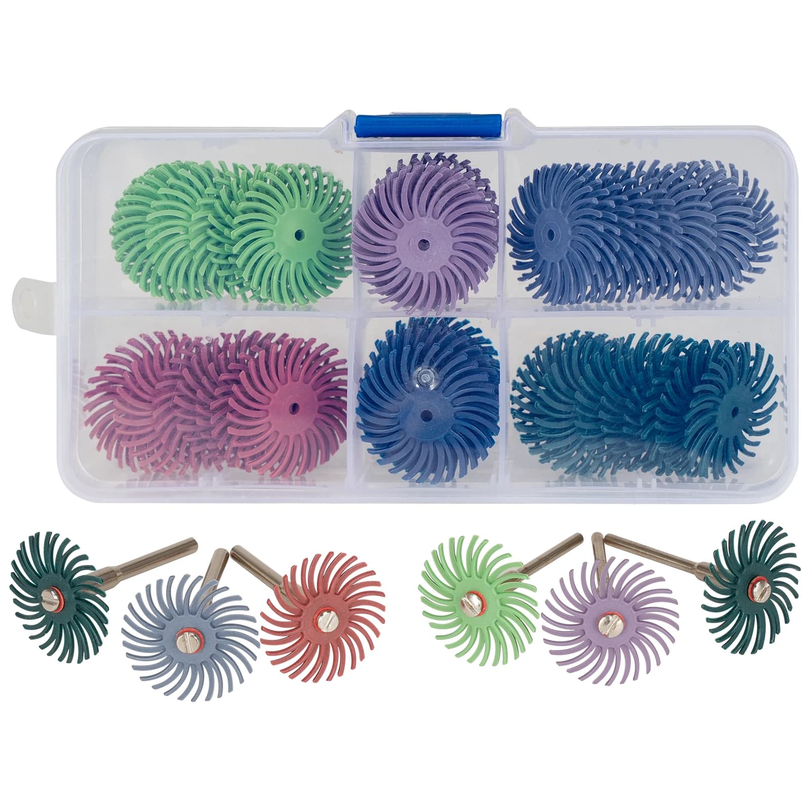 Kit de 10 discos de cerdas radiais multicoloridos em caixa transparente