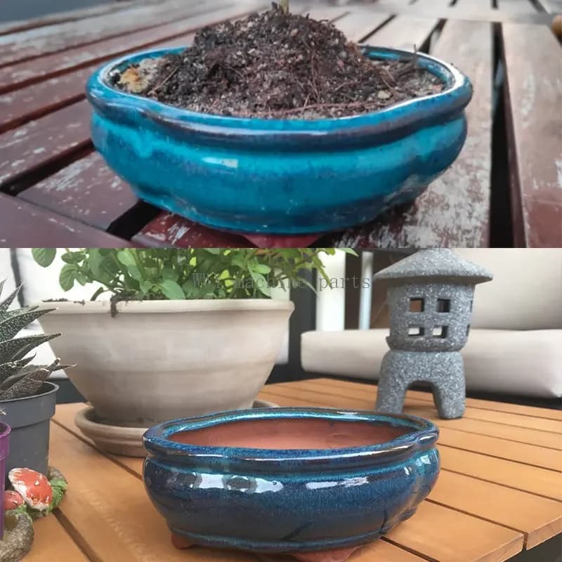 Cachepô bonsai cerâmico azul com terra, estilo chinês, vaso ventilado para plantas