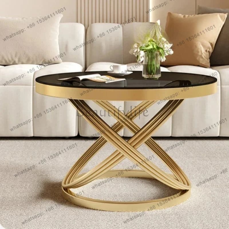 Mesa de centro moderna de vidro preto e metal dourado para sala de estar