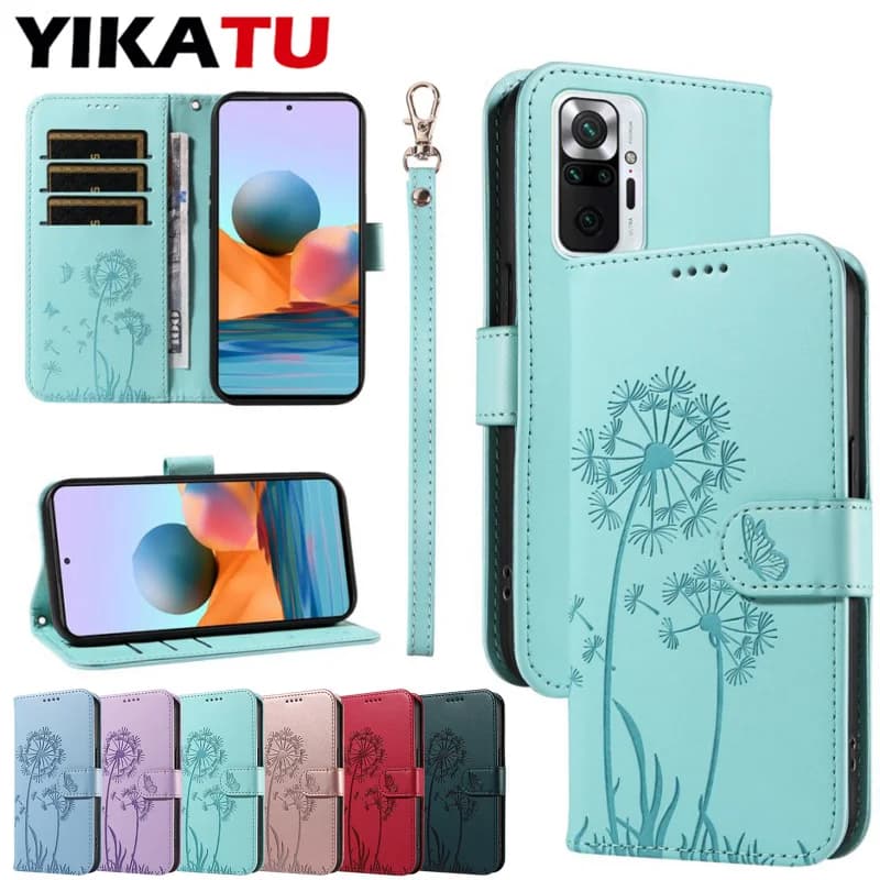 Capa de couro flip azul para Xiaomi Redmi Note, com design de margarida e compartimentos para cartões