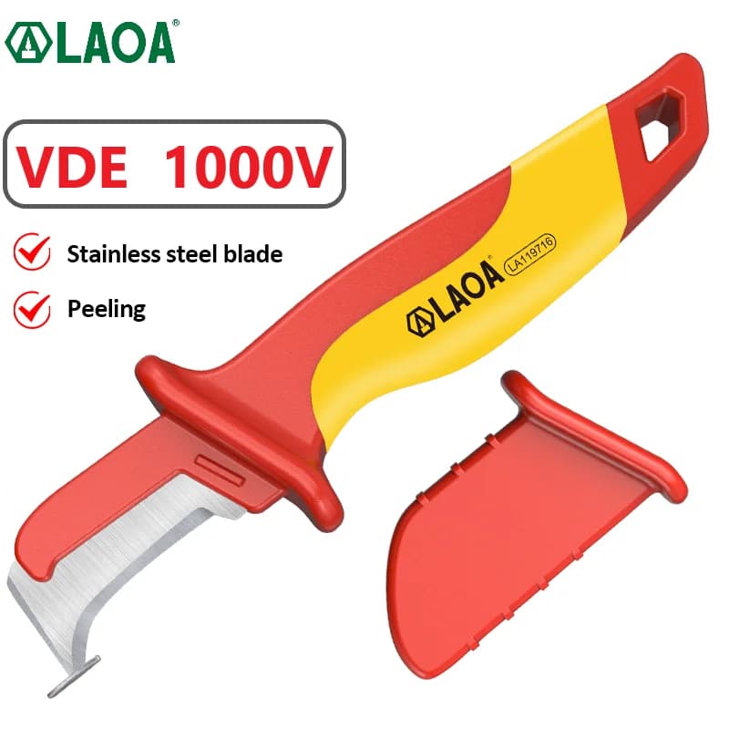 Faca elétrica vermelha e amarela com cabo em linha reta e gancho curvo, ideal para descascamento de cabos.