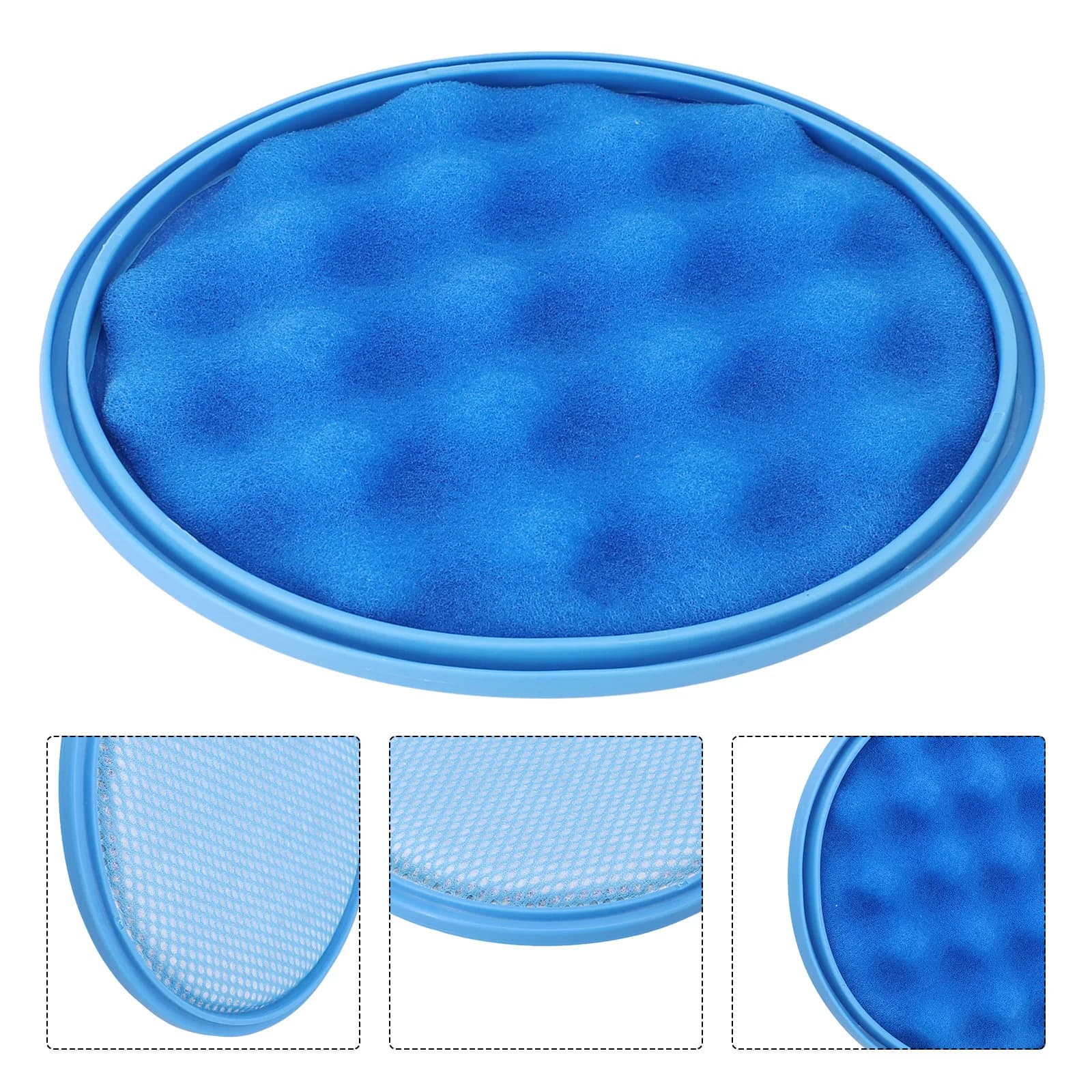Filtro azul redondo para aspirador Samsung Cyclone Force, detalhes da espuma e malha protetora em close-up