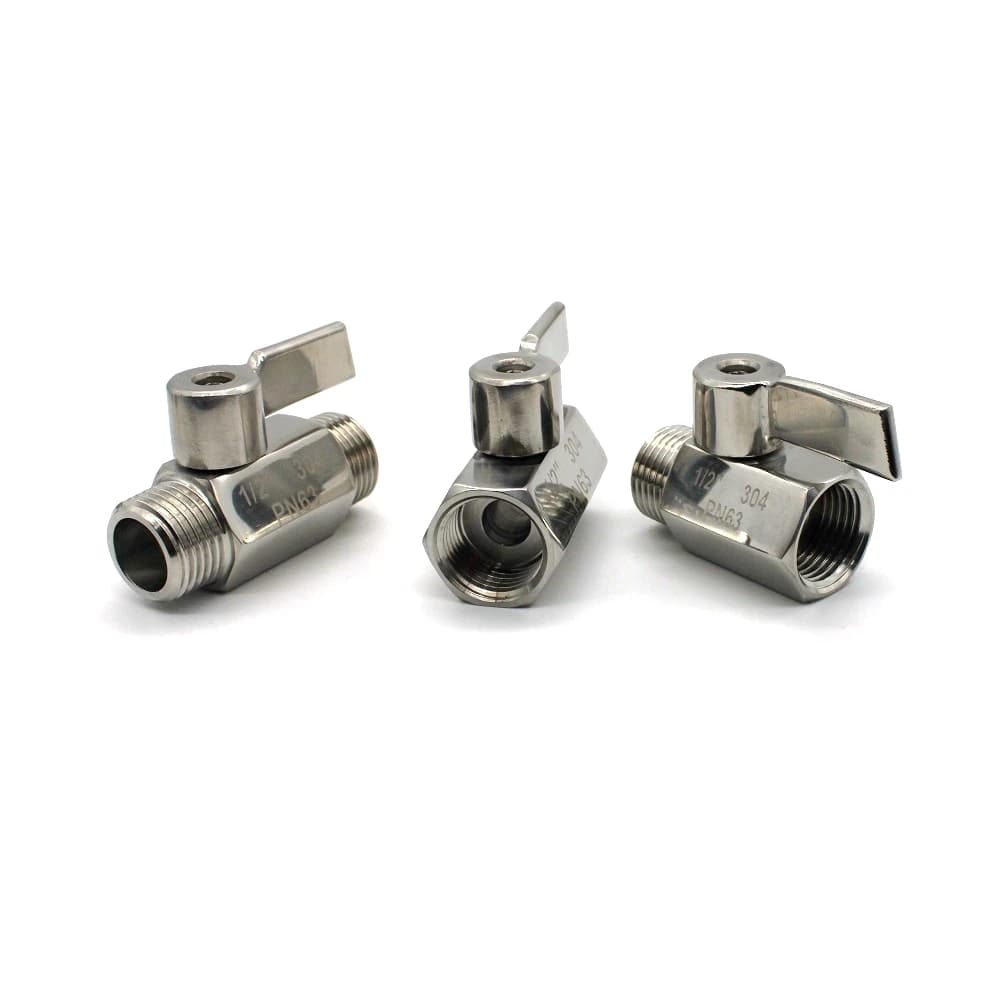 Kit 3 válvulas de esfera mini em aço inox 304/316 com rosca macho e fêmea prata para água óleo ácido