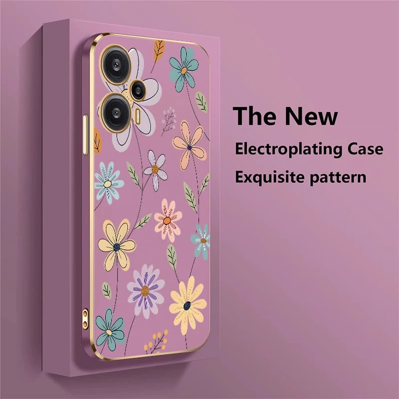 Capa de silicone verde claro com bordas douradas e estampa floral para Xiaomi Poco F8 Ultra F6 Pro F5 F3 C40 C31