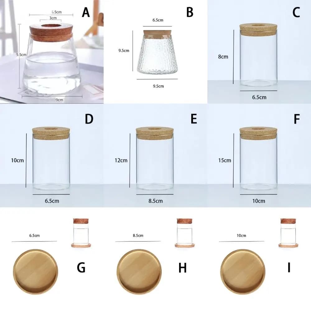 Dimensões de vasos de vidro para plantas hidropônicas com tampa de cortiça e base de madeira em diferentes tamanhos