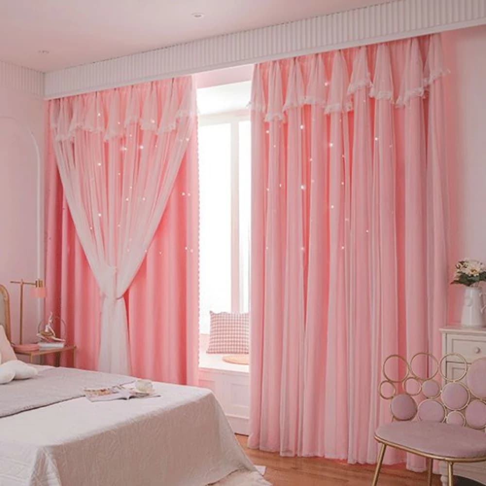 Cortina de Janela Rosa com Recortes de Estrelas, Cortina Blackout de Cor Sólida, Painel Decorativo com Renda para Quarto
