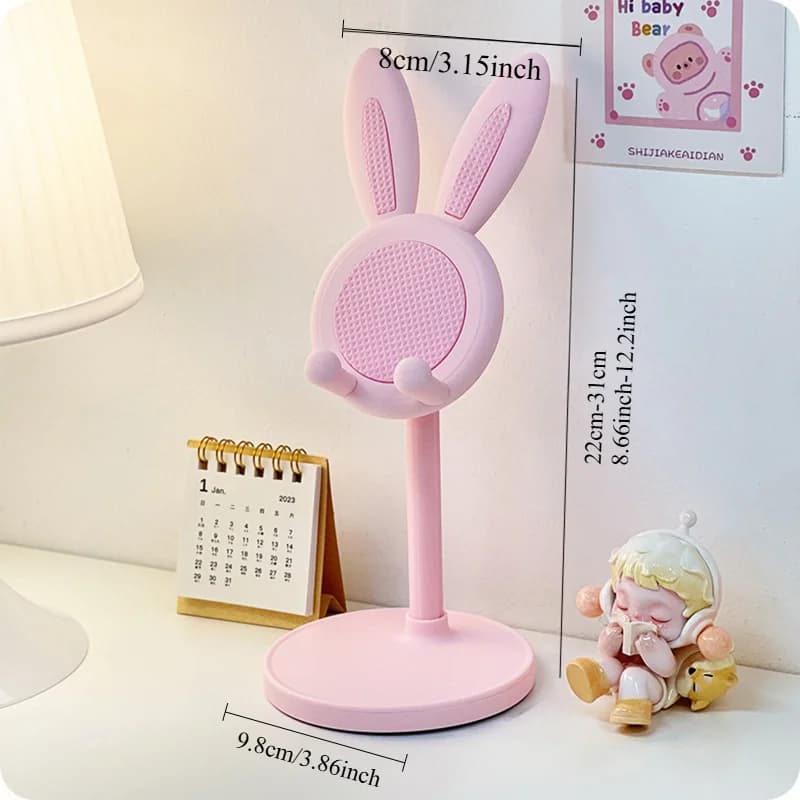 Suporte para celular coelho rosa com medidas 22-31cm altura e base 9,8cm para mesa