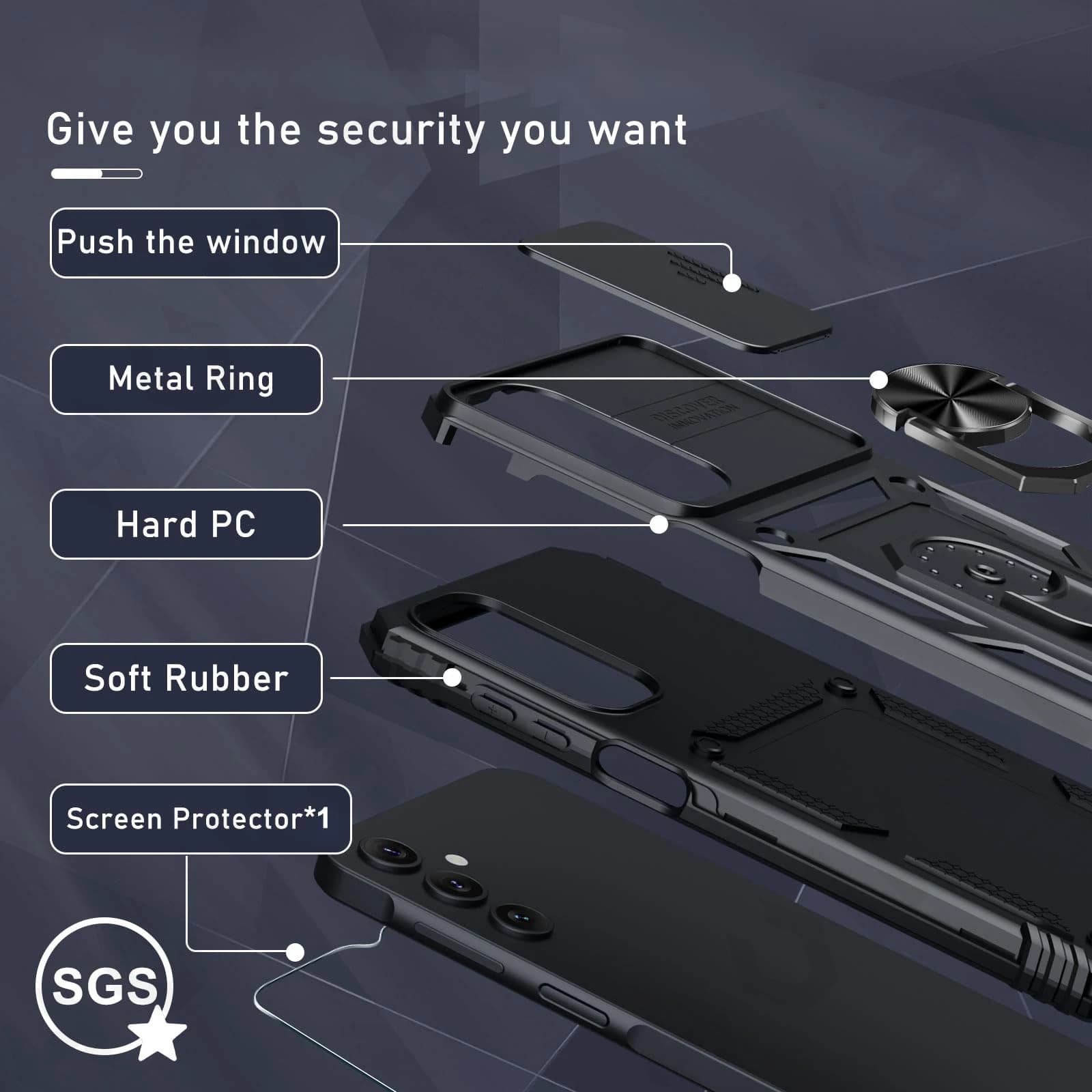 Capa preta para Samsung Galaxy com anel metálico, estrutura rígida e protetor de tela incluso