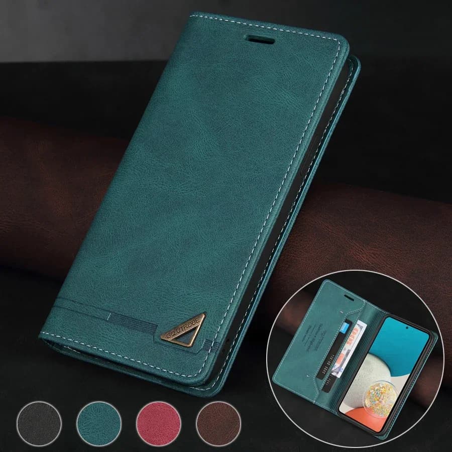 Capa de couro flip verde esmeralda para Samsung com design de carteira e espaço para cartões.