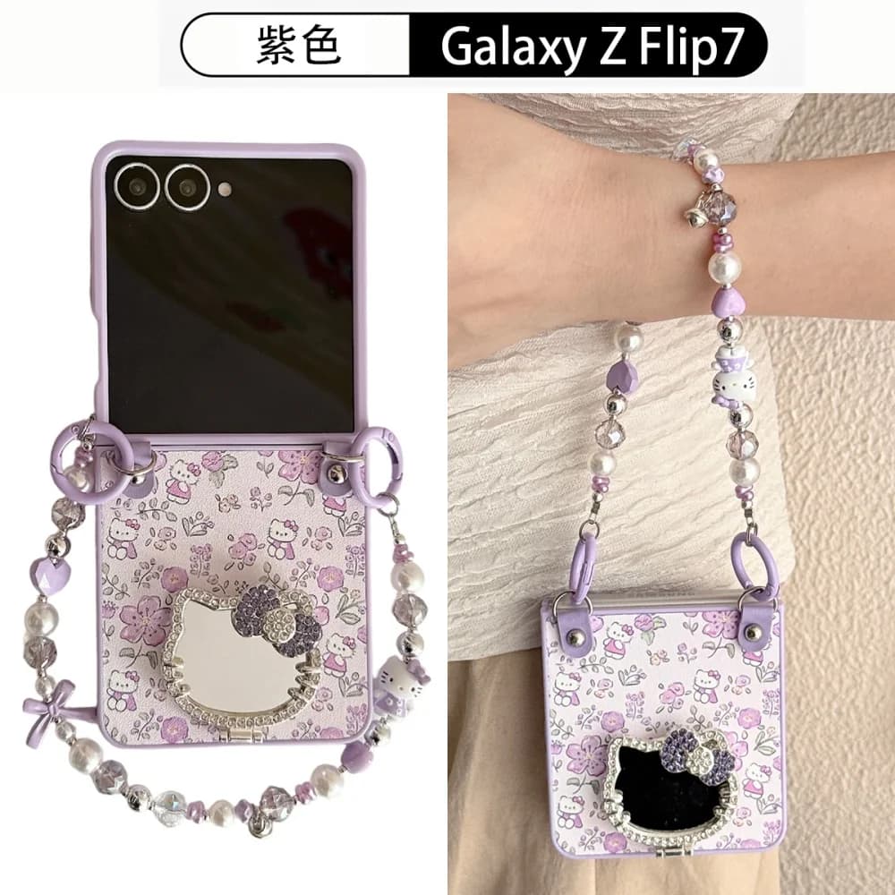 Capa Hello Kitty rosa com corrente de miçangas e espelho para Samsung Galaxy Z Flip 7, floral delicado