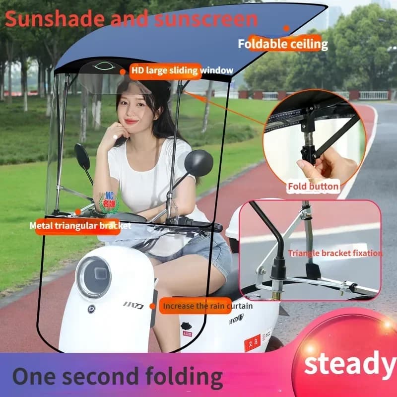 Dossel retrátil roxo e preto para motocicleta elétrica com proteção solar e chuva, janela deslizante HD
