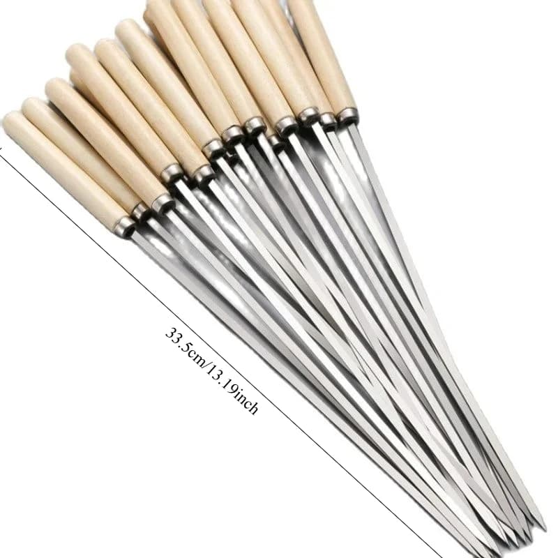 Conjunto de espetos para churrasco Jácotei inox 304 com cabo de madeira, medindo 33,5 cm