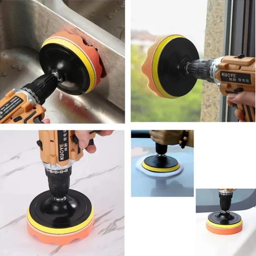 Kit de almofadas de polimento automotivo com espuma laranja e base preta para furadeira em uso