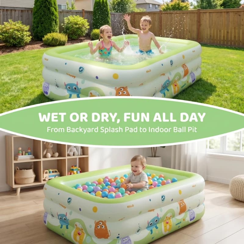 Piscina inflável infantil Monster Pool 3 camadas verde e branca com crianças brincando na água no jardim