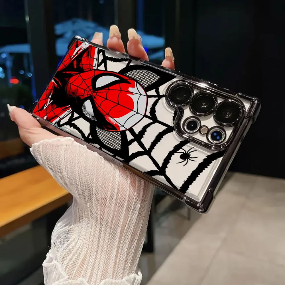 Capa transparente preta Homem-Aranha com teia e aranha para Samsung Galaxy S21 Ultra e modelos superiores