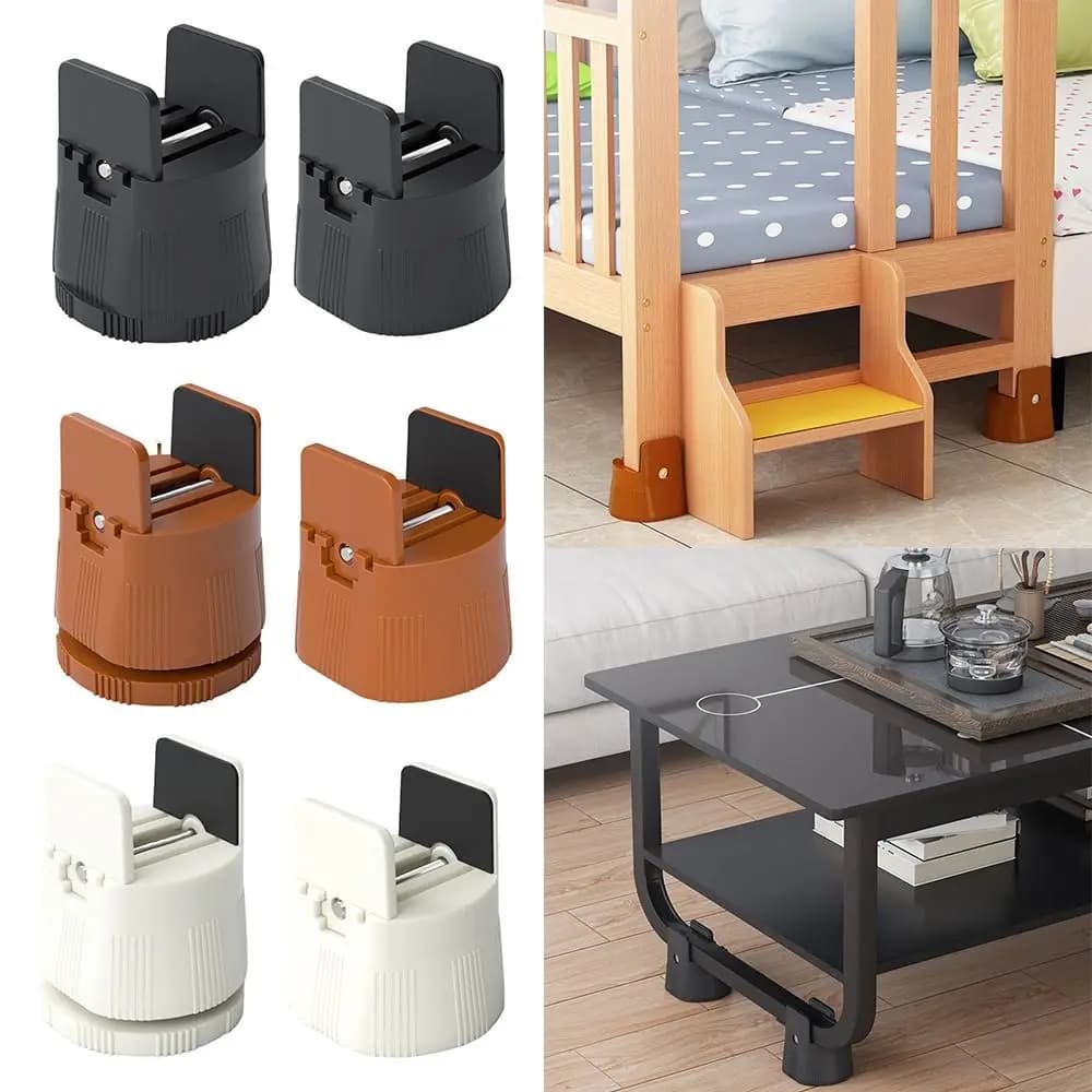 Elevadores para móveis ajustáveis em preto, marrom e branco usados em cama, armário e mesa