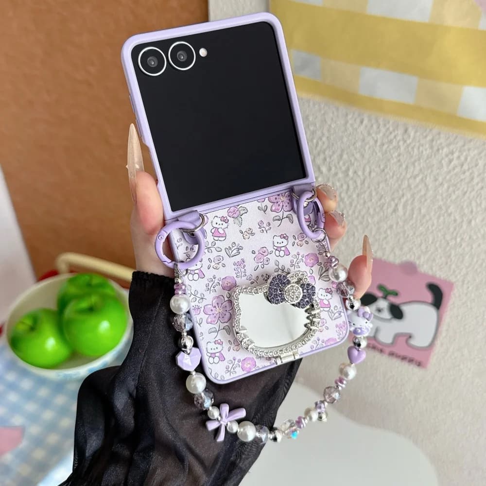 Capa de telefone rosa Hello Kitty floral com espelho e miçangas para Samsung Galaxy Z Flip 7 6 5 4 3