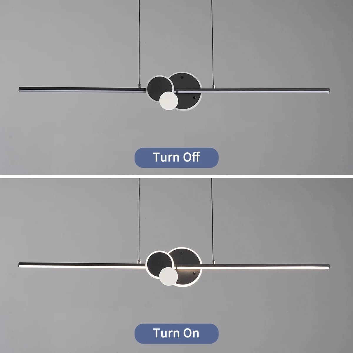 Iluminação pendente de LED moderna com barra linear e círculos pretos e brancos