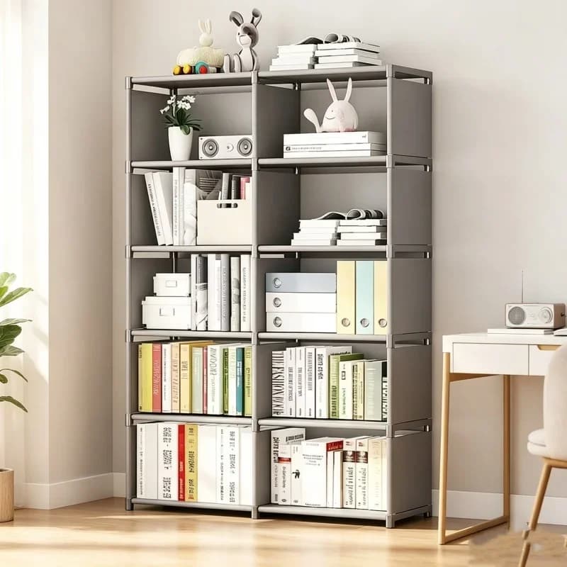 Estante de livros modular cinza, fácil de montar, para armazenamento de livros e brinquedos para crianças