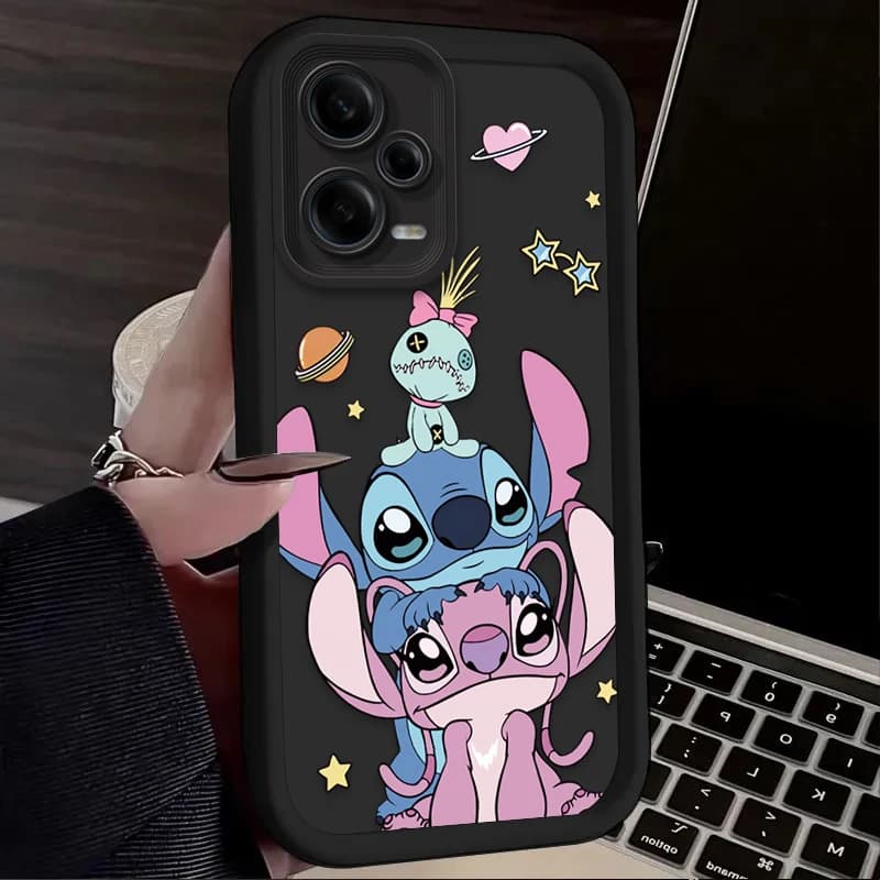 Capa para celular preta macia infantil com estampa Disney Stitch e personagens coloridos para Xiaomi Redmi e Poco