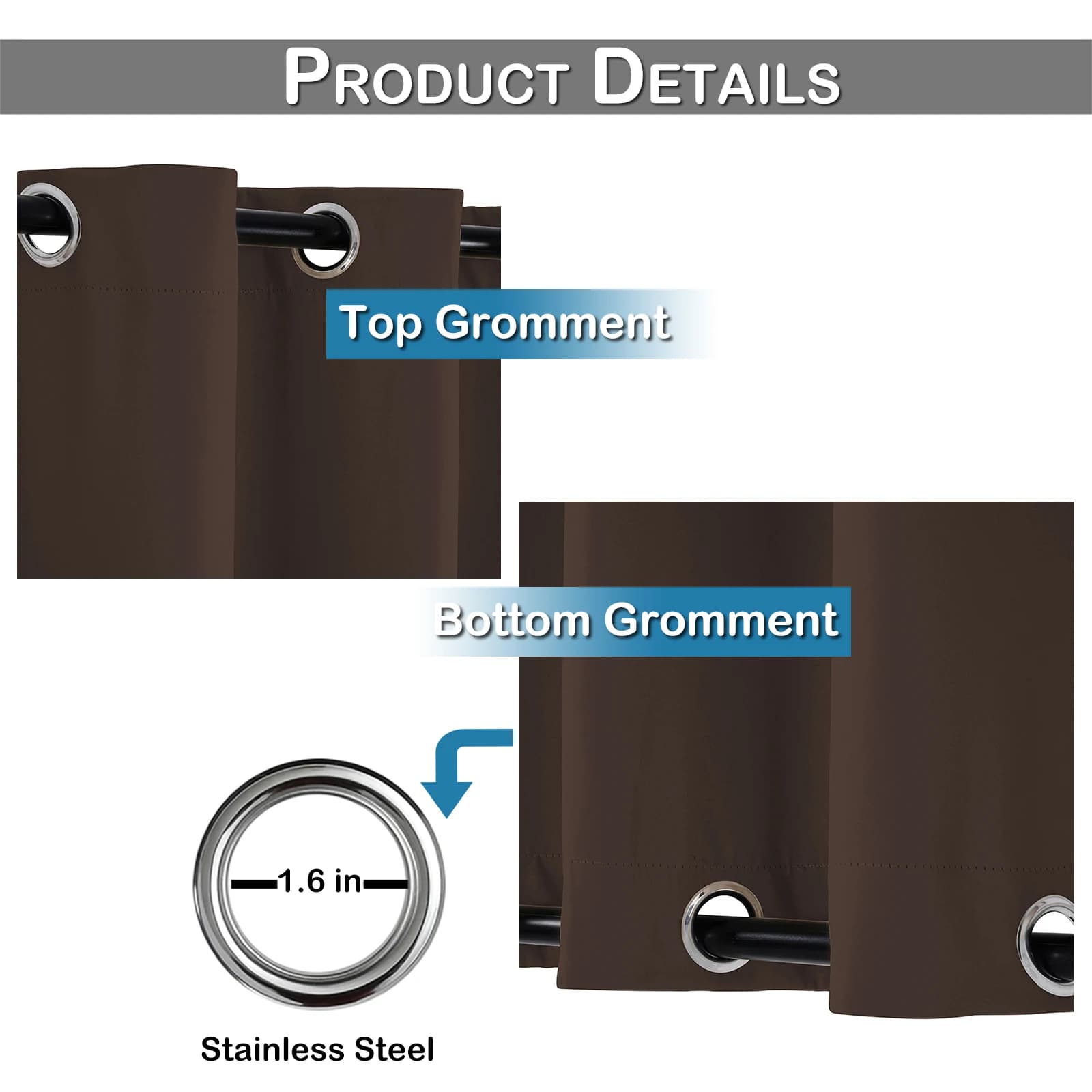 Cortinas blackout à prova de vento para exterior cinza, resistentes à água, com ilhós superior e inferior.