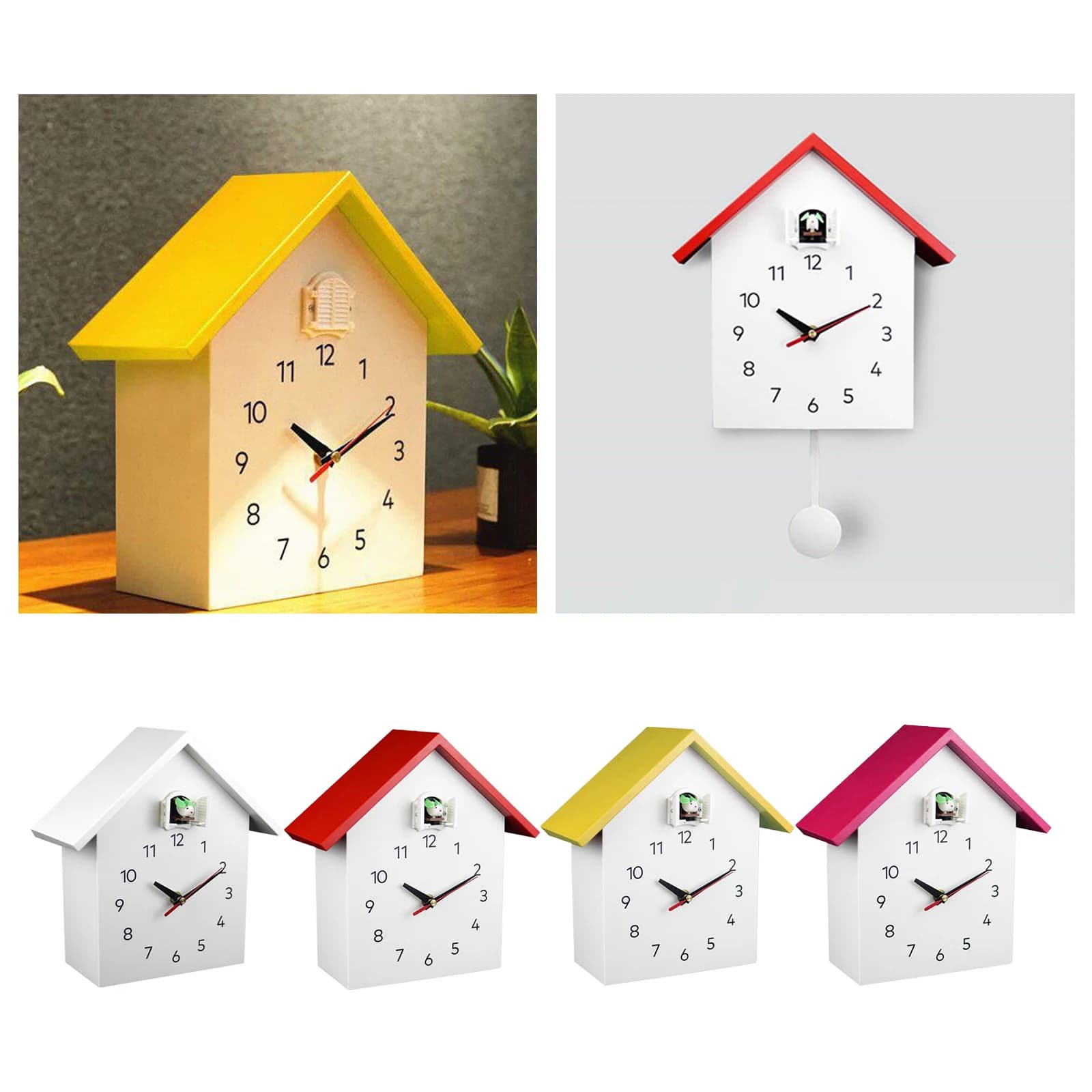 Relógio de parede em forma de casa de pássaros com detalhes em amarelo e vermelho.