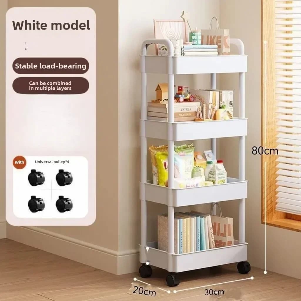 Carrinho de armazenamento White Model branco 80cm com 4 prateleiras e rodas universais para organização