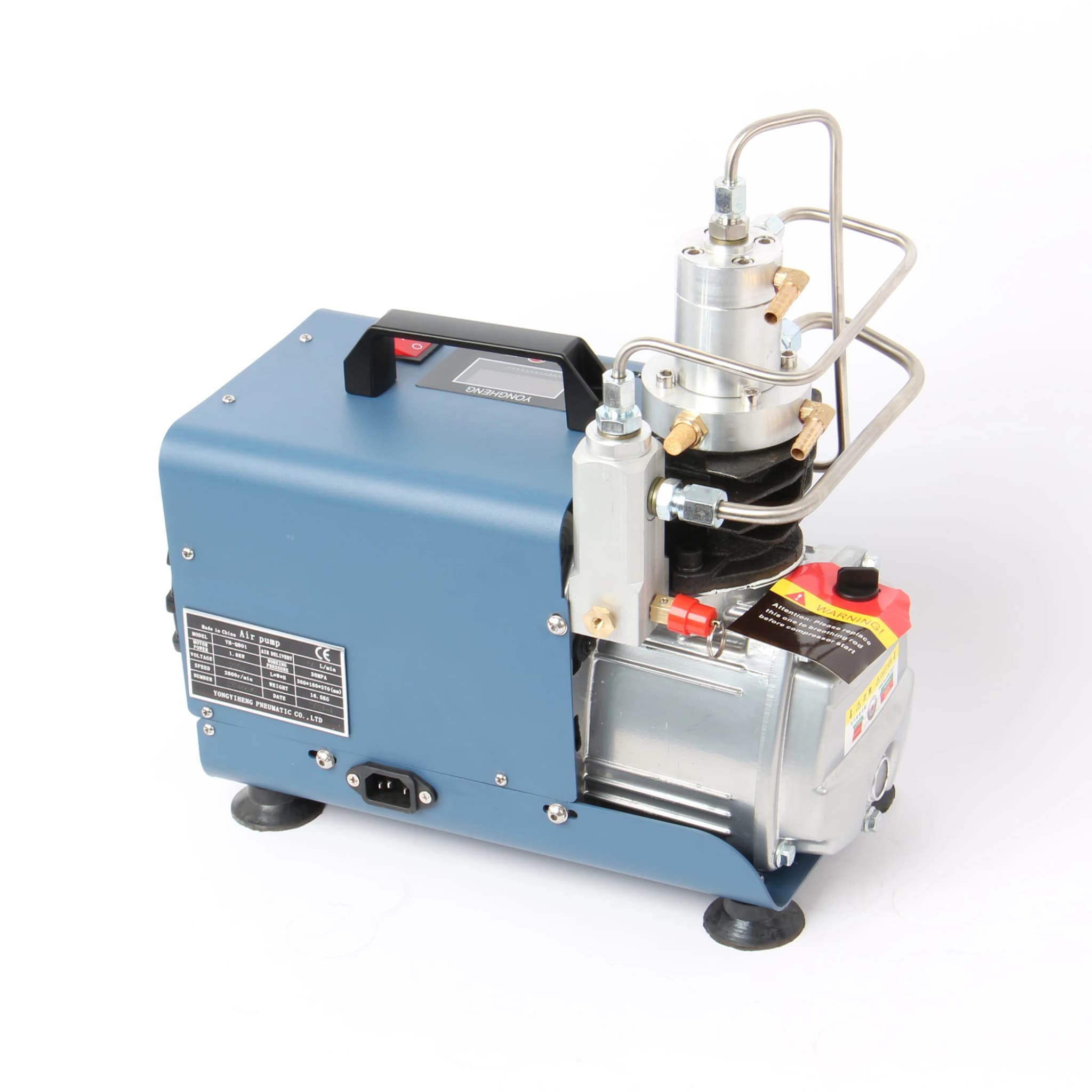 Compressor de ar elétrico YONG HENG AUTO PCP azul 110V vista lateral mostrando motor e alça de transporte