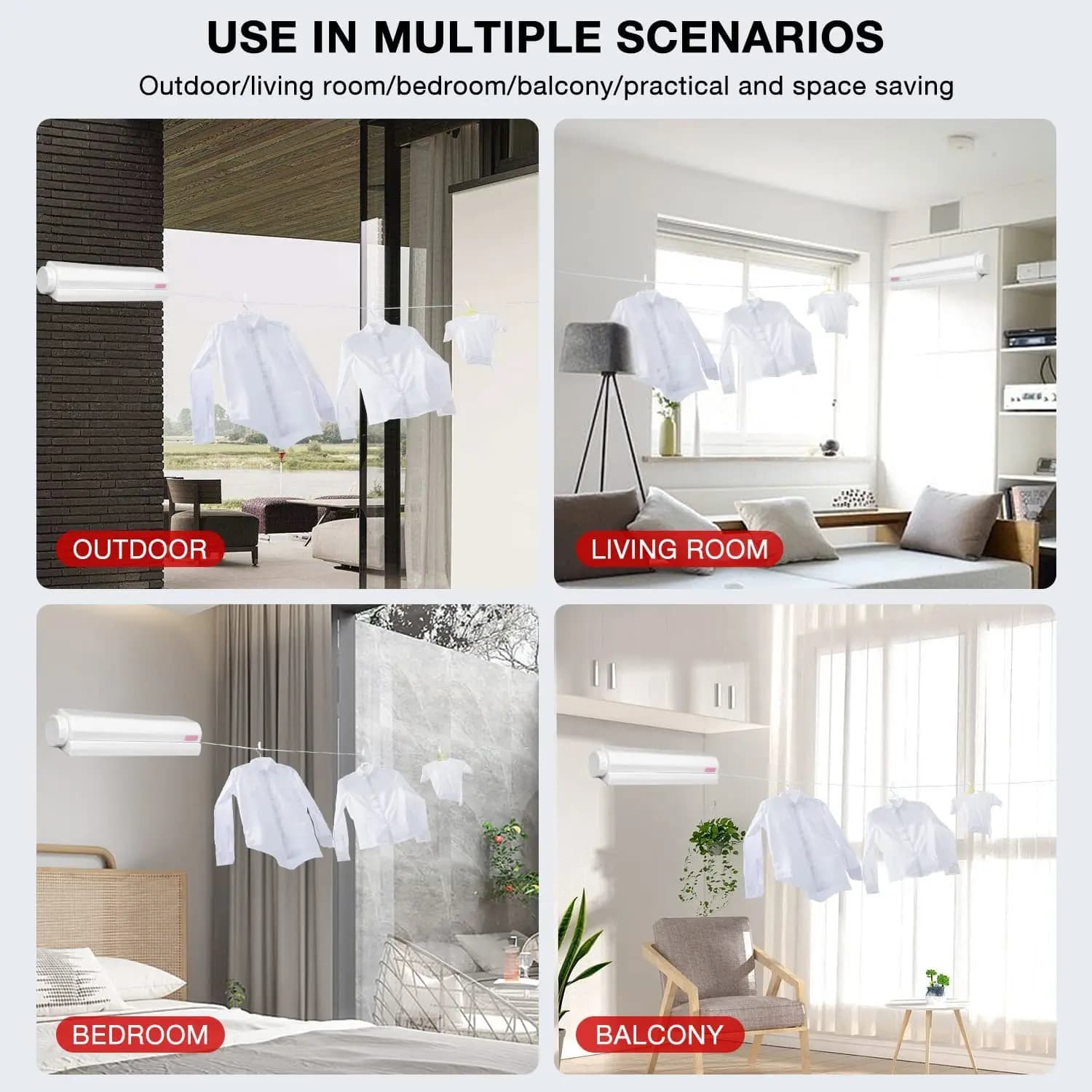 Cabide de lavanderia retrátil branco instalado em ambientes variados como varanda, quarto e sala