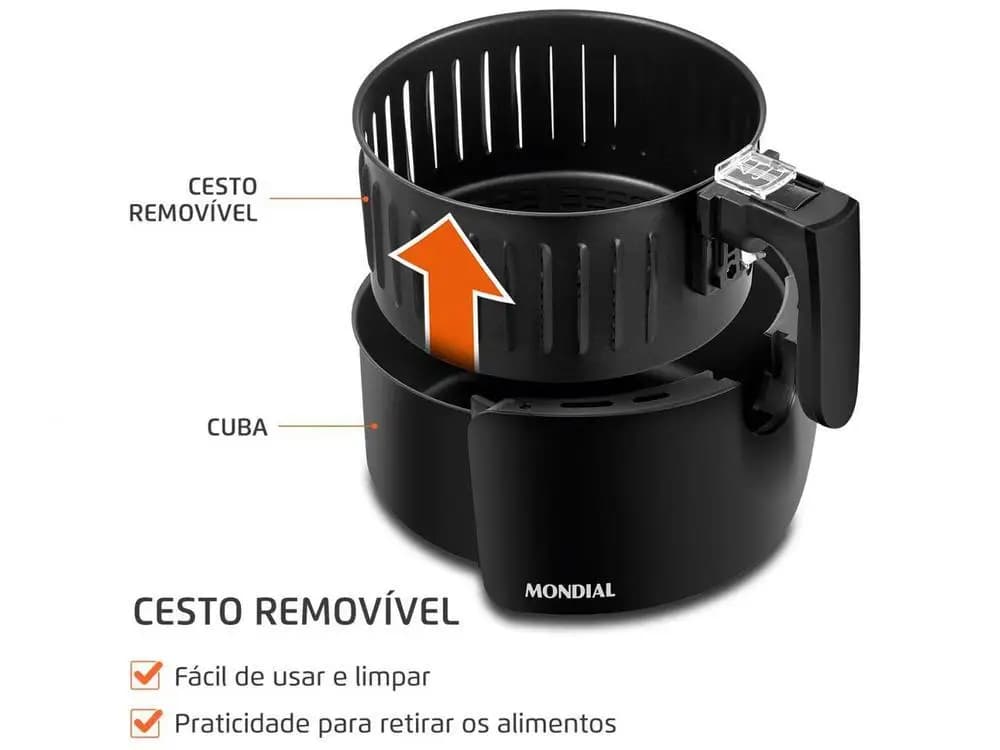 Cesto removível da Air Fryer Mondial Pratic para fácil uso e limpeza com cuba preta