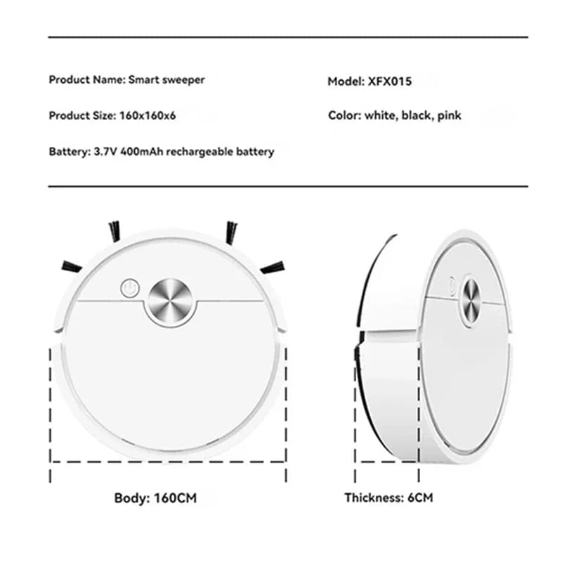 Dimensões do robô aspirador de pó branco modelo XFX015 com 16cm de diâmetro e 6cm de altura