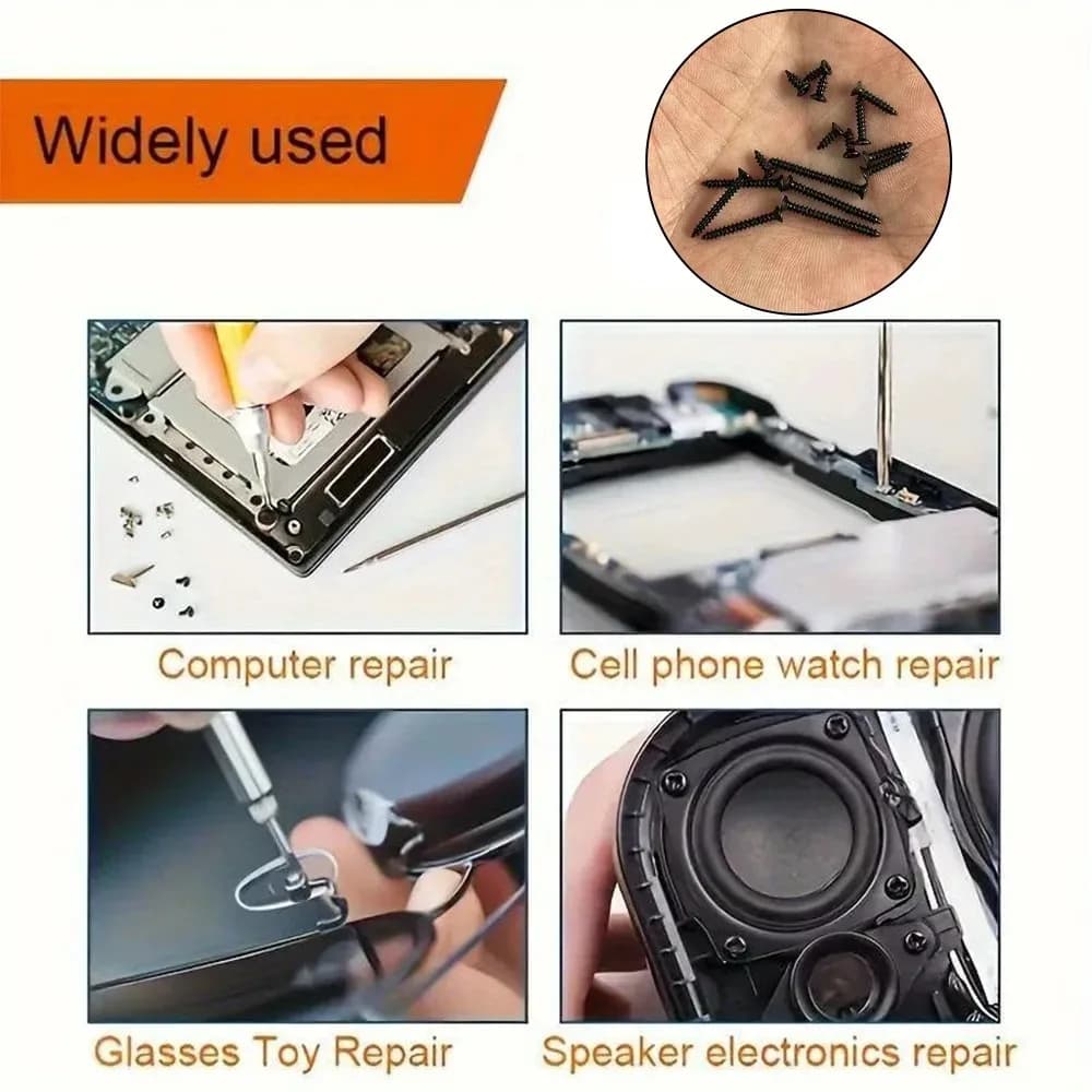 Aplicações dos parafusos auto-roscantes M2 pretos em reparos de computador, celular, óculos, brinquedos e alto-falantes