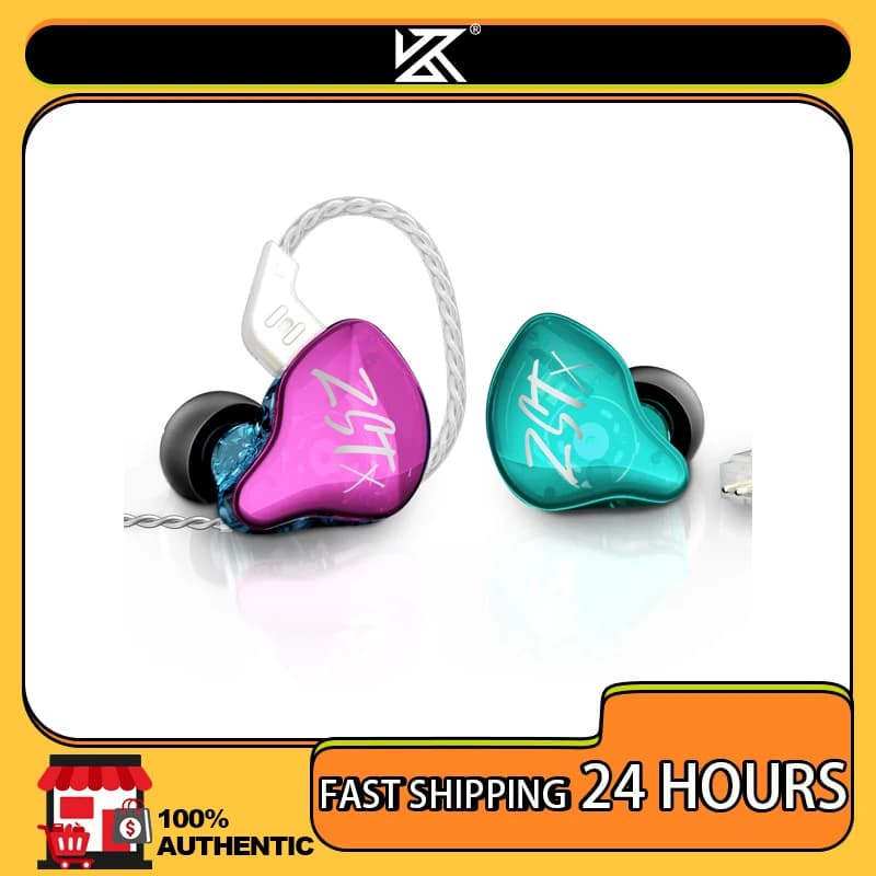 Fones de ouvido KZ ZST híbridos com design rosa e verde, cabo substituível de 2 pinos, envio rápido 24 horas.