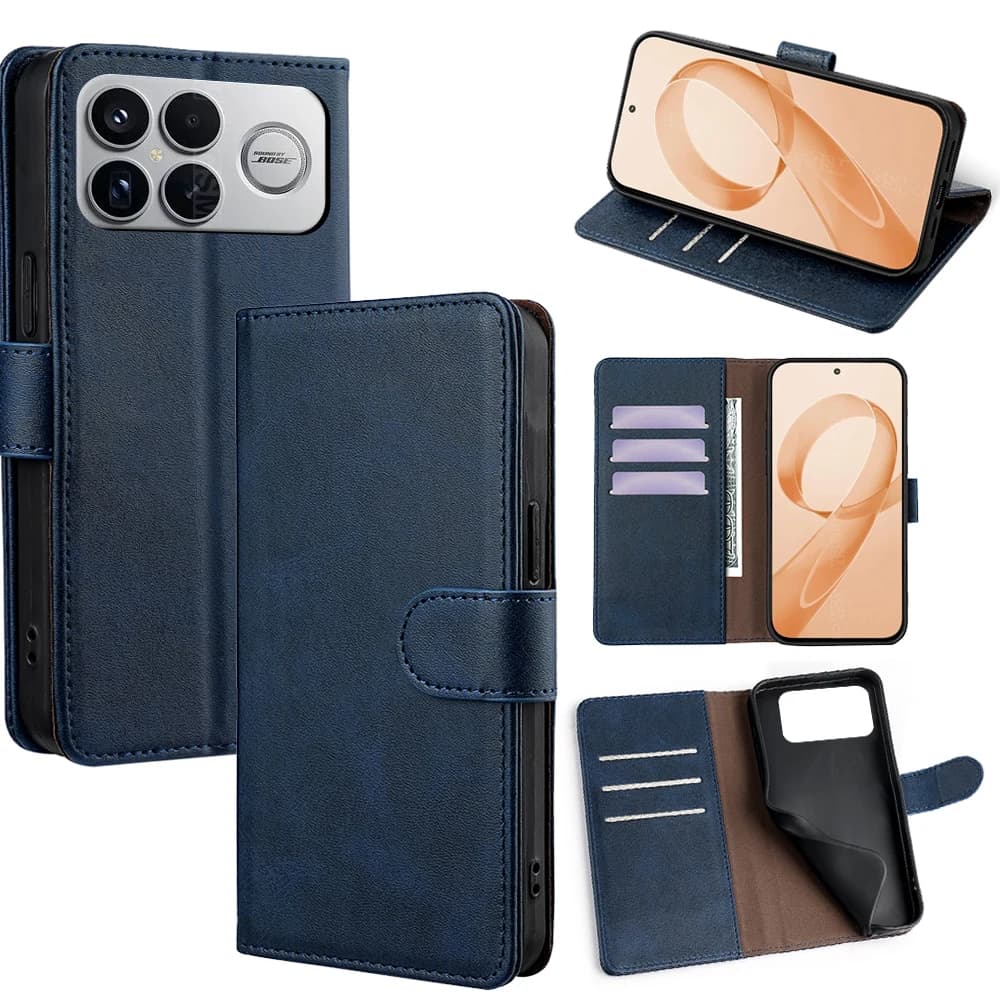 Capa de telefone em couro sintético azul com compartimentos para cartões e proteção RFID para Xiaomi