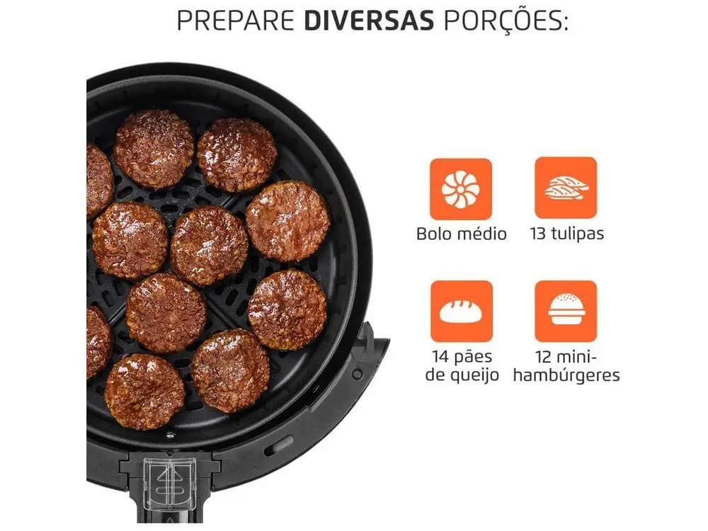 Capacidade da Air Fryer Mondial para preparar bolo médio, 13 tulipas, 14 pães de queijo e 12 mini-hambúrgueres