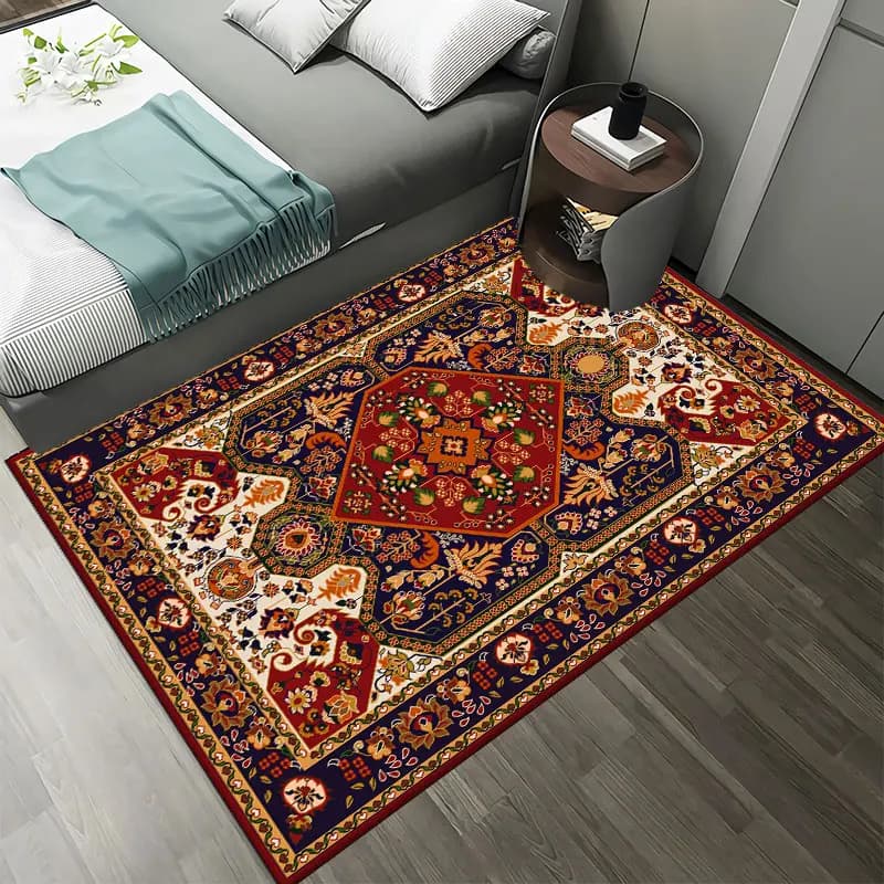 Tapete retrô persa vermelho azul e dourado para sala de estar ou quarto