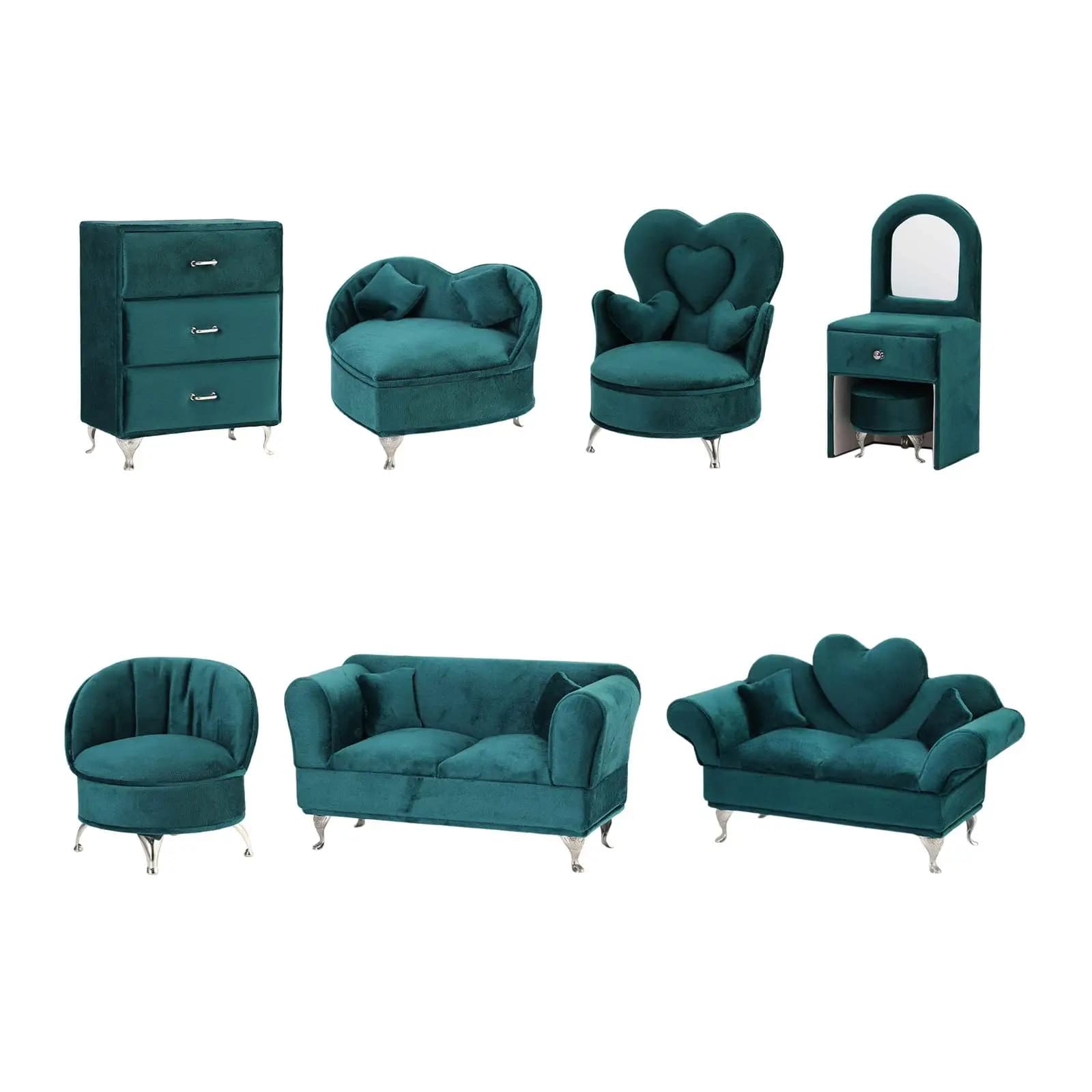 Conjunto de móveis em forma de sofá azul-marinho para bonecas com design de coração