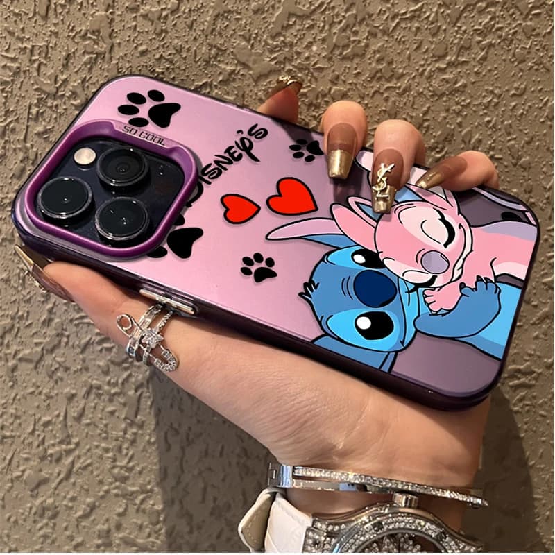 Kit 2 capas para celular Disney Stitch casal azul e rosa com corações e pegadas para Xiaomi Redmi e Poco