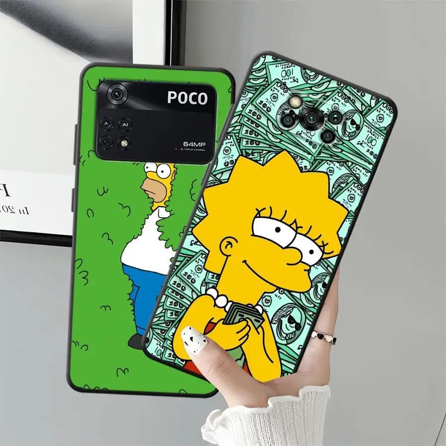 Capas para celular Poco com estampas Homer Simpson verde e Lisa Simpson com dinheiro azul