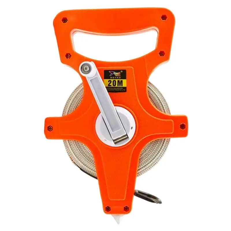 Fita métrica de 20m com carretel de fibra de vidro, cor laranja, manivela de mão, fundo branco