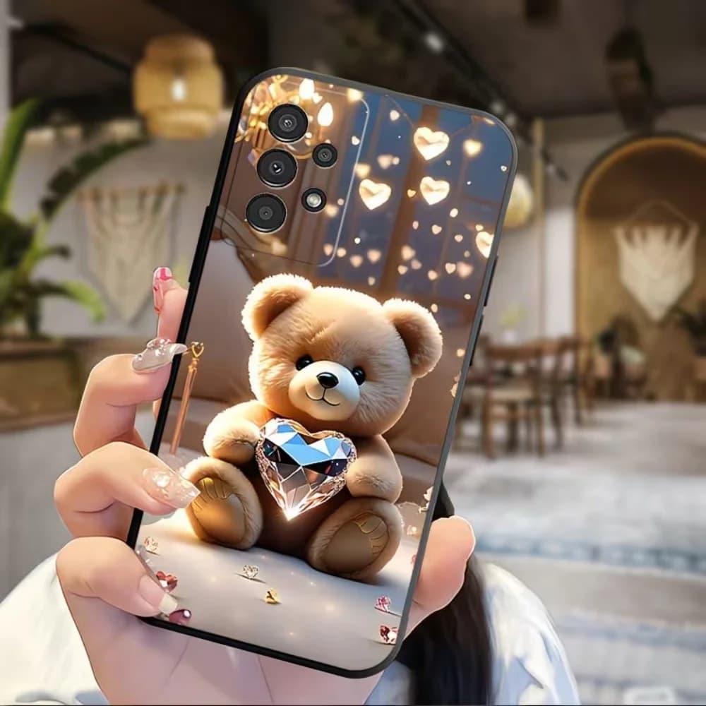Capa protetora azul Little Bear para Samsung Galaxy A Series com urso e cristal brilhante em coração