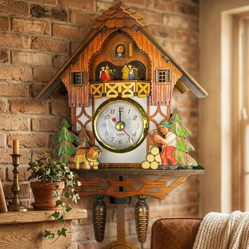 Relógio de parede cuco vintage de madeira com design animado e pêndulo silencioso