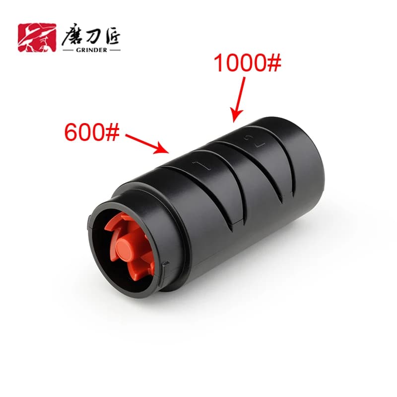 Moedor de faca GRINDER preto com indicações de afiação 600# e 1000# em fundo branco