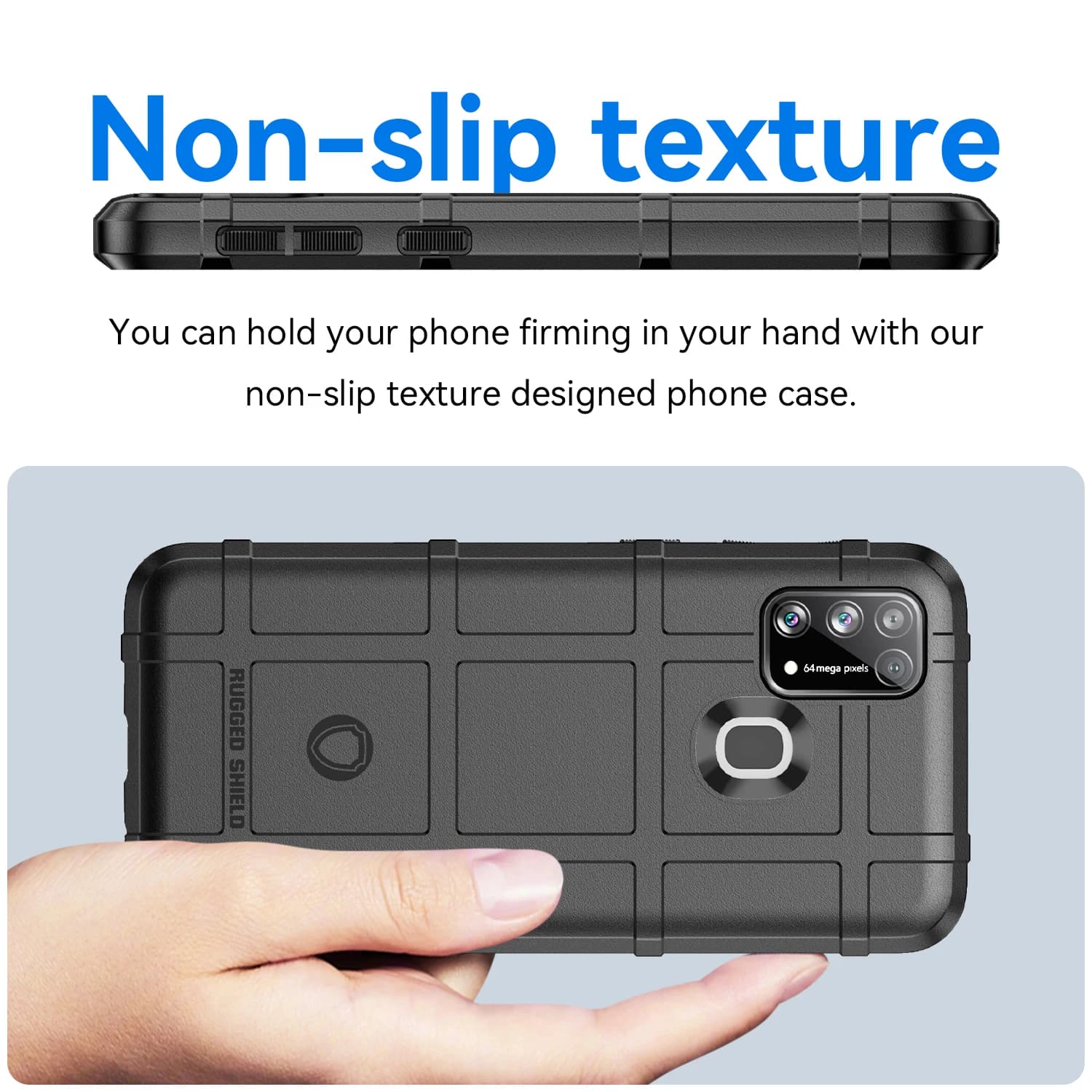 Capa de telefone preta com design de escudo, proteção 360°, silicone macio, botões flexíveis.